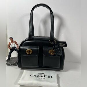 Coach Twin Turnlock Bag 20 Satchel in Dark Brass/Black Waxed Smooth Leather NWT